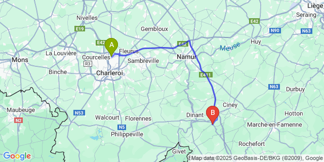 Map: Charleroi Airport Brussels South (CRL) to Celles
