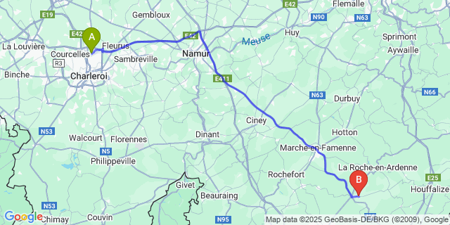 Map: Charleroi Airport Brussels South (CRL) to Champlon