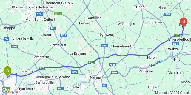 Map: Charleroi Airport Brussels South (CRL) to Chapon-Seraing