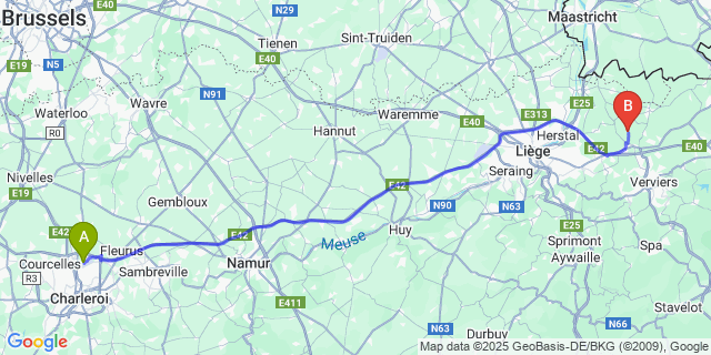 Map: Charleroi Airport Brussels South (CRL) to Charneux