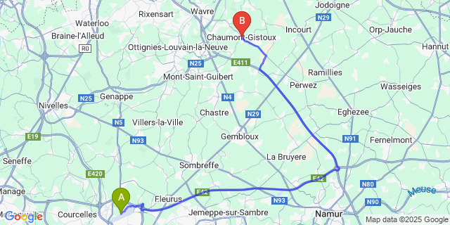 Map: Charleroi Airport Brussels South (CRL) to Chaumont-Gistoux