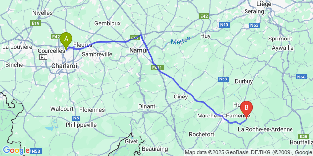 Map: Charleroi Airport Brussels South (CRL) to Cheoux