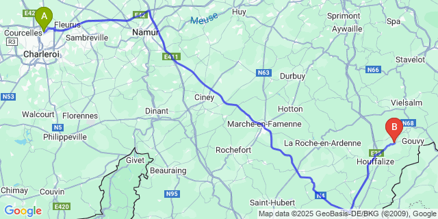 Map: Charleroi Airport Brussels South (CRL) to Cherain