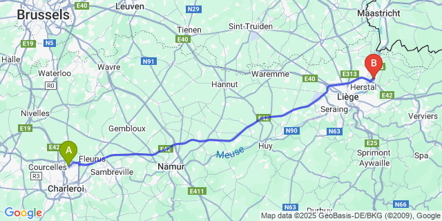 Map: Charleroi Airport Brussels South (CRL) to Cheratte