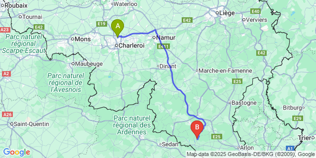 Map: Charleroi Airport Brussels South (CRL) to Chiny