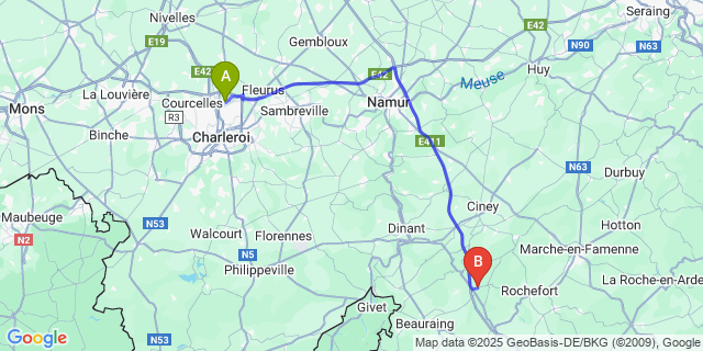 Map: Charleroi Airport Brussels South (CRL) to Ciergnon