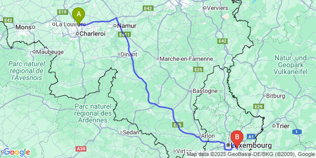 Map: Charleroi Airport Brussels South (CRL) to Contern