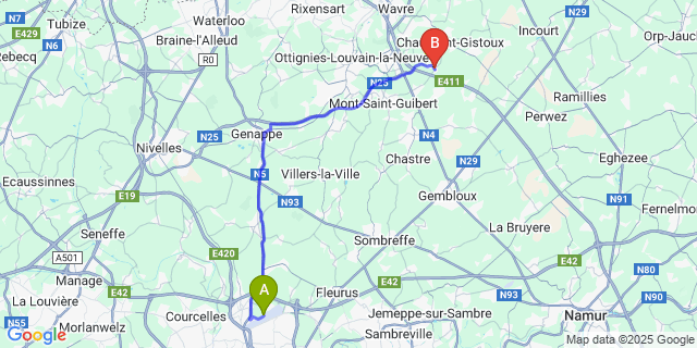 Map: Charleroi Airport Brussels South (CRL) to Corroy-le-Grand