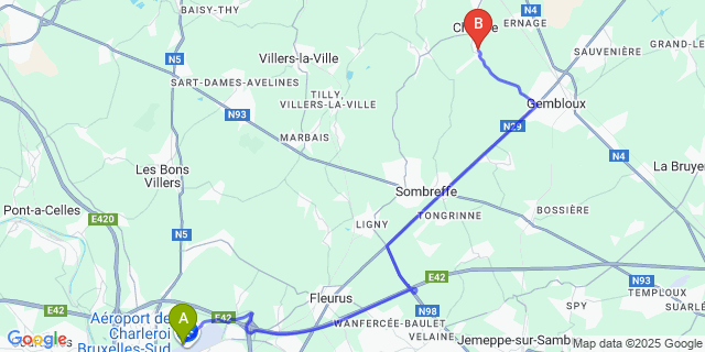 Map: Charleroi Airport Brussels South (CRL) to Cortil-Noirmont