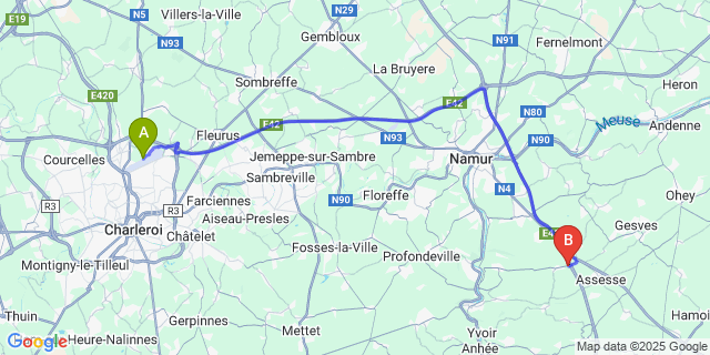 Map: Charleroi Airport Brussels South (CRL) to Courriere