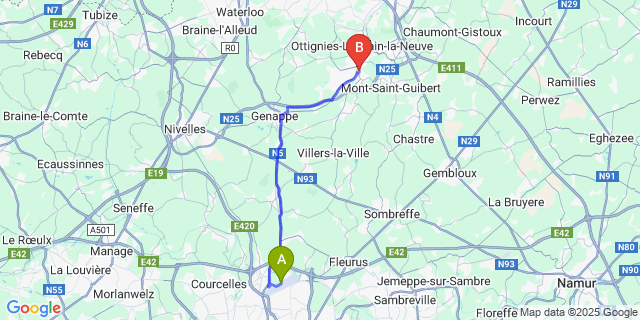 Map: Charleroi Airport Brussels South (CRL) to Court-Saint-Étienne