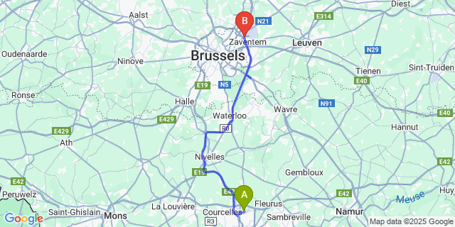 Map: Charleroi Airport Brussels South (CRL) to Crowne Plaza Brussels Airport, an IHG Hotel