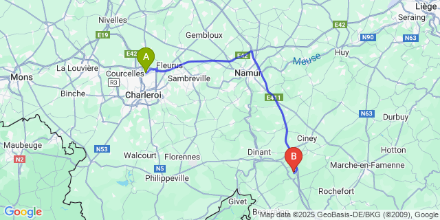 Map: Charleroi Airport Brussels South (CRL) to Custinne