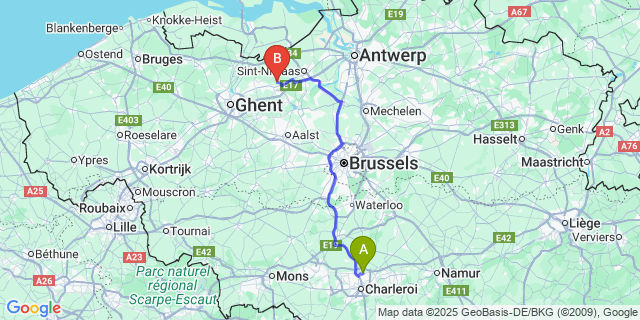 Map: Charleroi Airport Brussels South (CRL) to Daknam