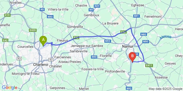 Map: Charleroi Airport Brussels South (CRL) to Dave