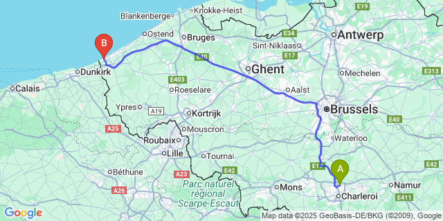 Map: Charleroi Airport Brussels South (CRL) to De Panne