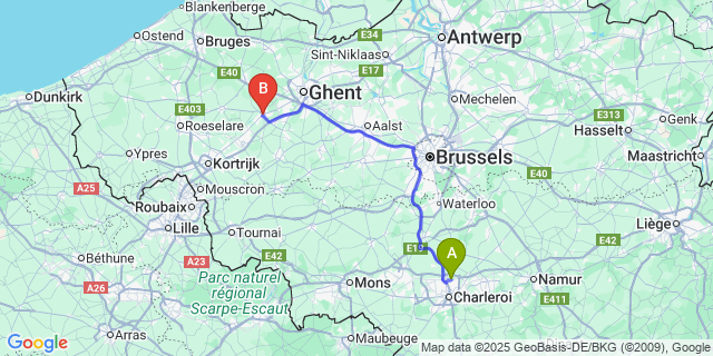 Map: Charleroi Airport Brussels South (CRL) to Deinze