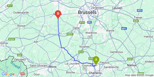 Map: Charleroi Airport Brussels South (CRL) to Denderwindeke