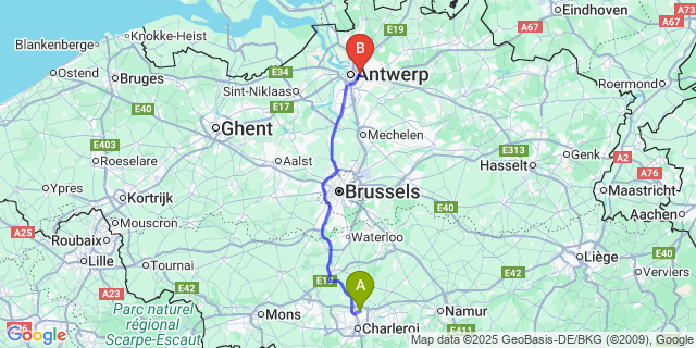Map: Charleroi Airport Brussels South (CRL) to Deurne (Antwerpen)