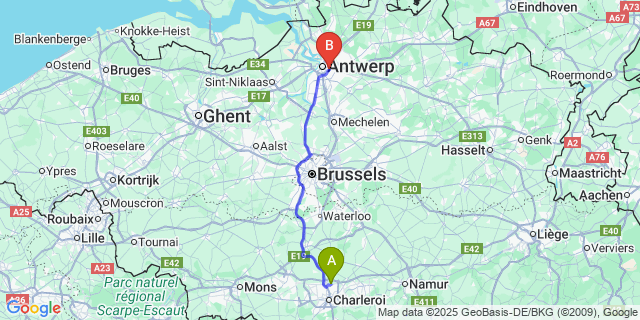 Map: Charleroi Airport Brussels South (CRL) to Deurne-Borgerhout