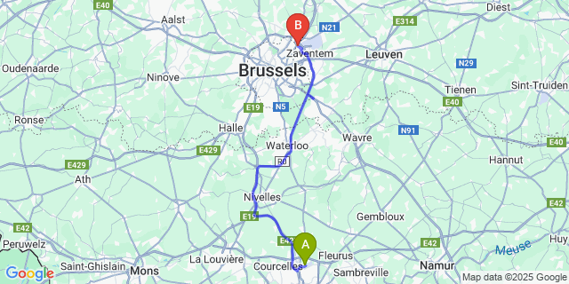 Map: Charleroi Airport Brussels South (CRL) to Diegem