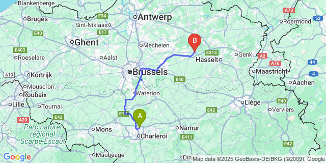 Map: Charleroi Airport Brussels South (CRL) to Diest