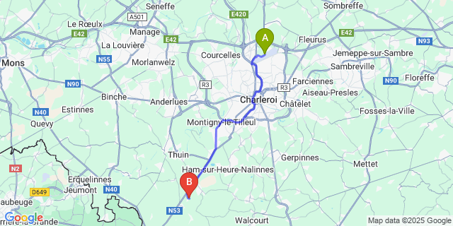 Map: Charleroi Airport Brussels South (CRL) to Donstiennes