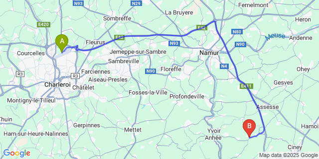 Map: Charleroi Airport Brussels South (CRL) to Dorinne