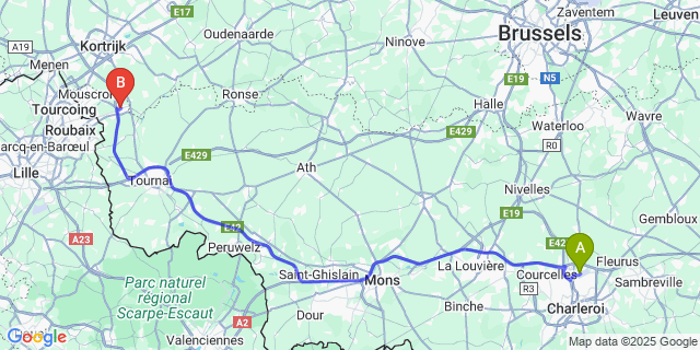 Map: Charleroi Airport Brussels South (CRL) to Dottignies