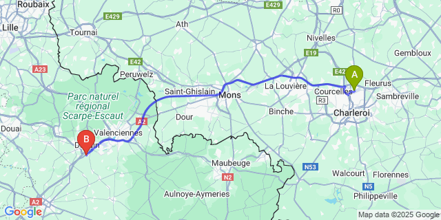 Map: Charleroi Airport Brussels South (CRL) to Douchy-les-Mines