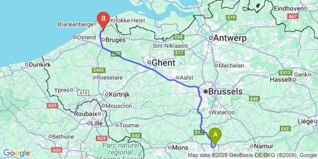 Map: Charleroi Airport Brussels South (CRL) to Dudzele
