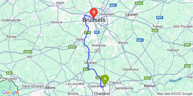 Map: Charleroi Airport Brussels South (CRL) to easyHotel Brussels City Centre