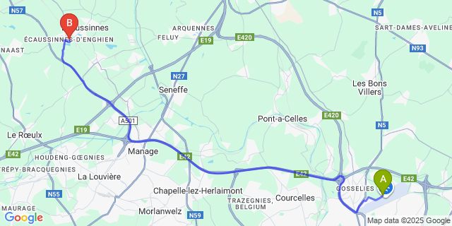 Map: Charleroi Airport Brussels South (CRL) to Écaussinnes-d’Enghien