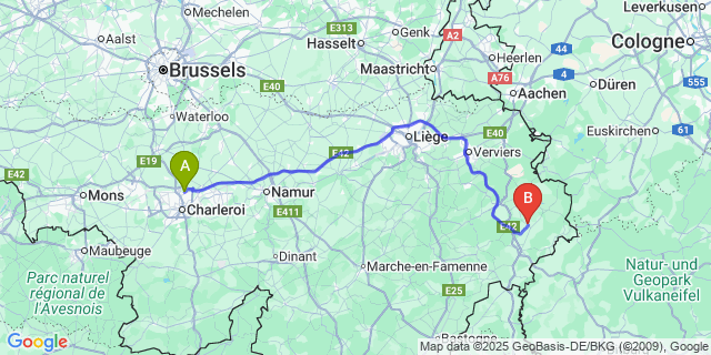 Map: Charleroi Airport Brussels South (CRL) to Eibertingen