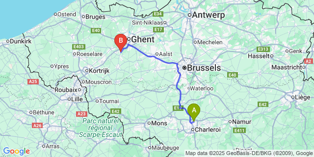 Map: Charleroi Airport Brussels South (CRL) to Eke