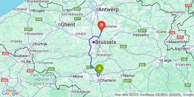 Map: Charleroi Airport Brussels South (CRL) to Elewijt