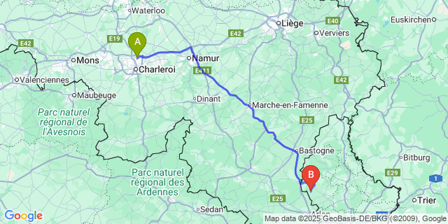 Map: Charleroi Airport Brussels South (CRL) to Ell