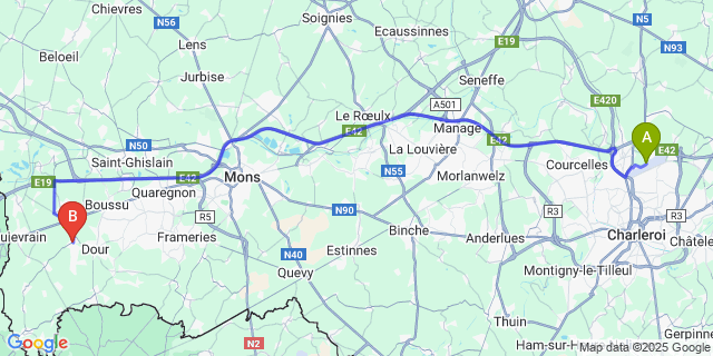 Map: Charleroi Airport Brussels South (CRL) to Elouges