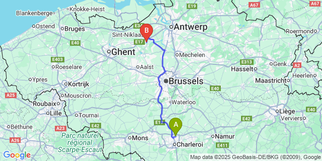 Map: Charleroi Airport Brussels South (CRL) to Elversele