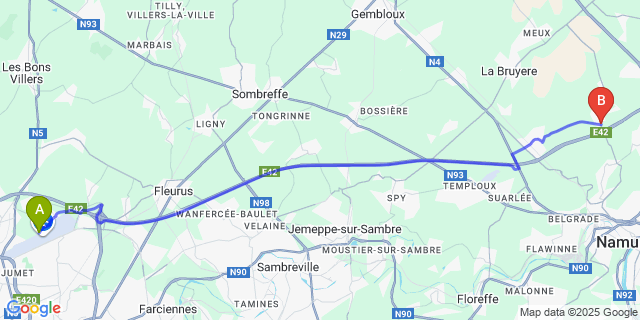 Map: Charleroi Airport Brussels South (CRL) to Emines