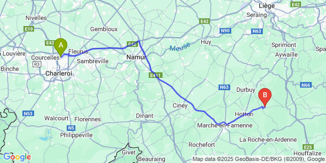 Map: Charleroi Airport Brussels South (CRL) to Érezée