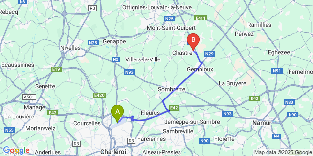 Map: Charleroi Airport Brussels South (CRL) to Ernage