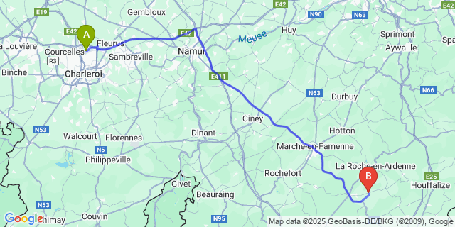 Map: Charleroi Airport Brussels South (CRL) to Erneuville