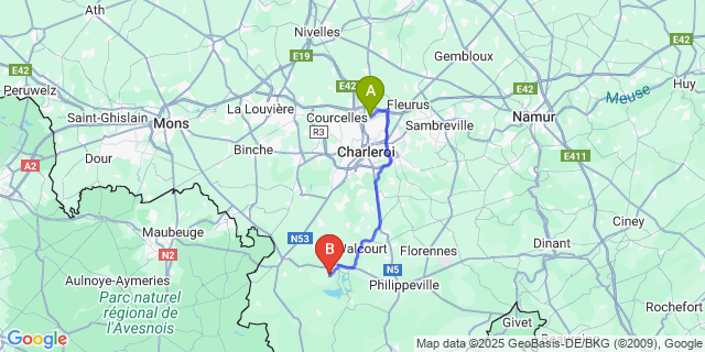 Map: Charleroi Airport Brussels South (CRL) to Erpion