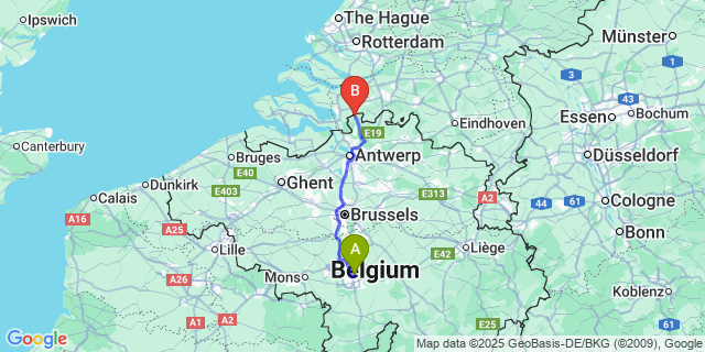 Map: Charleroi Airport Brussels South (CRL) to Essen Belgium