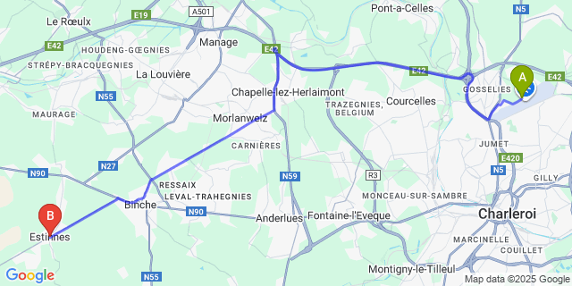 Map: Charleroi Airport Brussels South (CRL) to Estinnes-Au-Mont