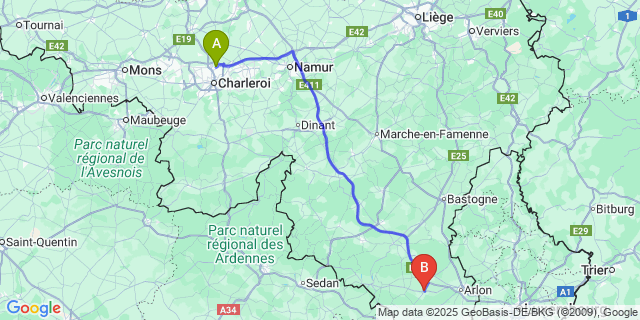 Map: Charleroi Airport Brussels South (CRL) to Étalle