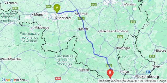 Map: Charleroi Airport Brussels South (CRL) to Ethe