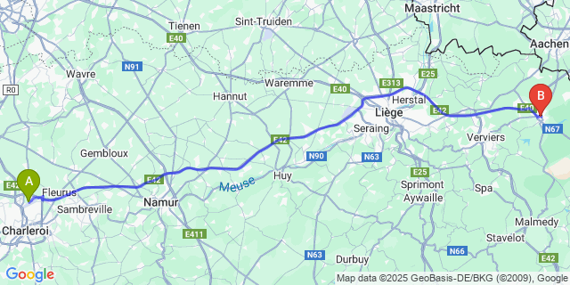 Map: Charleroi Airport Brussels South (CRL) to Eupen