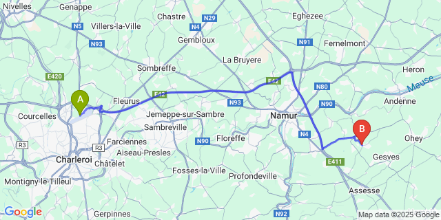 Map: Charleroi Airport Brussels South (CRL) to Faulx-Les-Tombes